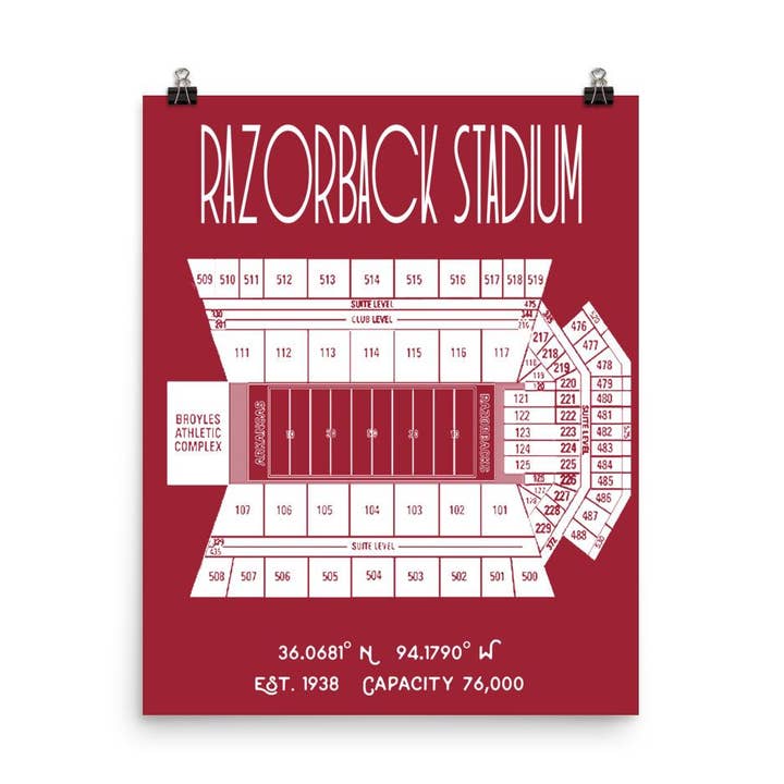 Cartaz de futebol americano universitário do Arkansas Razorback Stadium por atacado de Stadium Prints by BTB