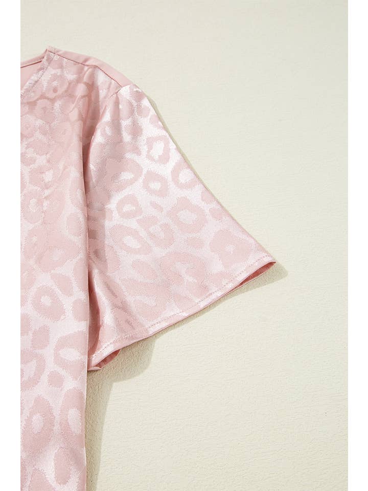 Pink Leopard Jacquard Patchwork Crisscross V-Neck Blouse (S-XL) for wholesale on Faire