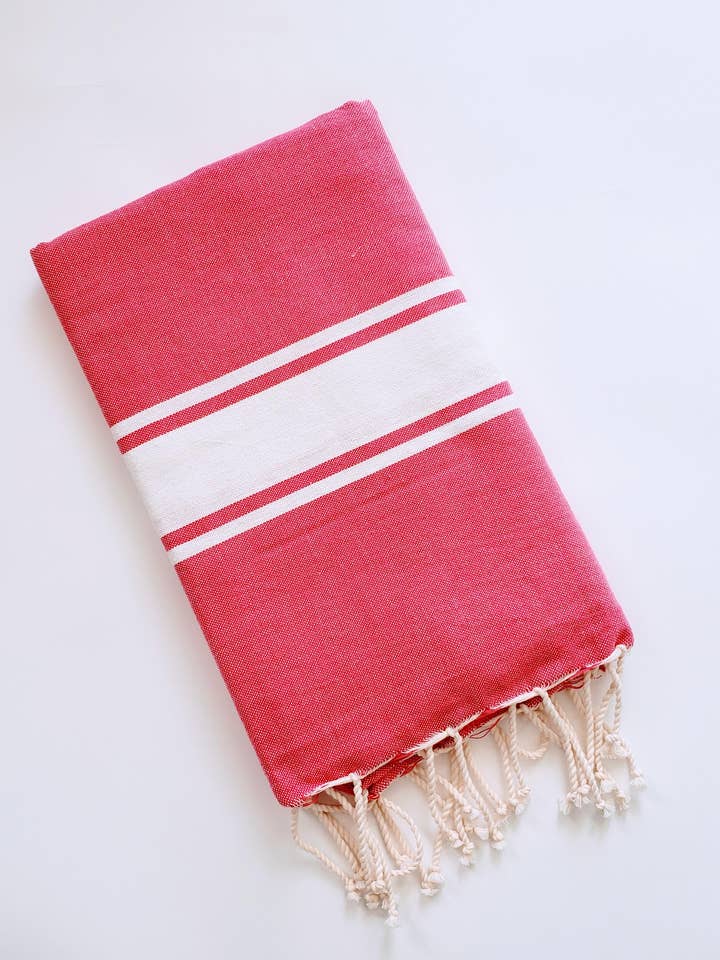 Serviette de plage turque/sarong/châle -fuschia-blanc pour la vente par wonderfouta