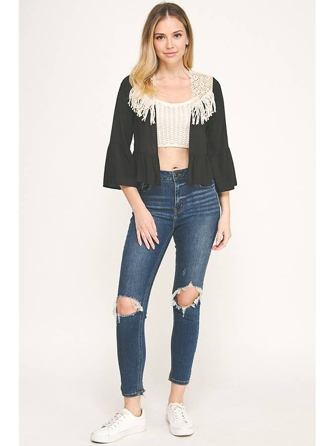 Sunday Morning - Wholesale Cardigan - Women's - J5036L16/CROCHET FRINGE THREE QUARTER SLEEVECARDIGAN23