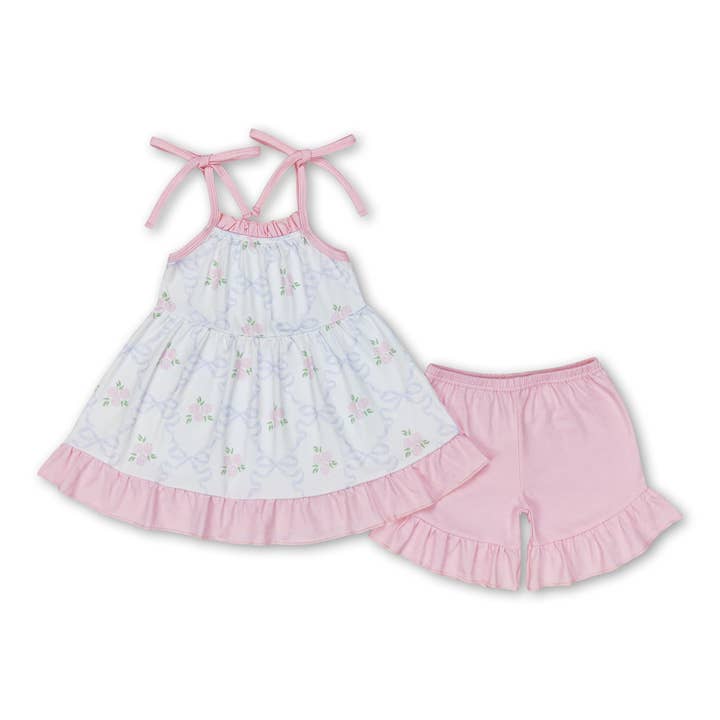 Pink straps bow floral tunic shorts girls summer clothes for wholesale by Yawoo Garments