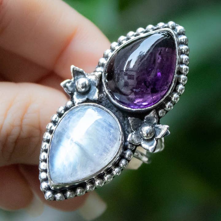 Ambra Jewels – Engroshandel Statementring – Månesten & Ametyst Ring, Blomster Ring, AR-68132