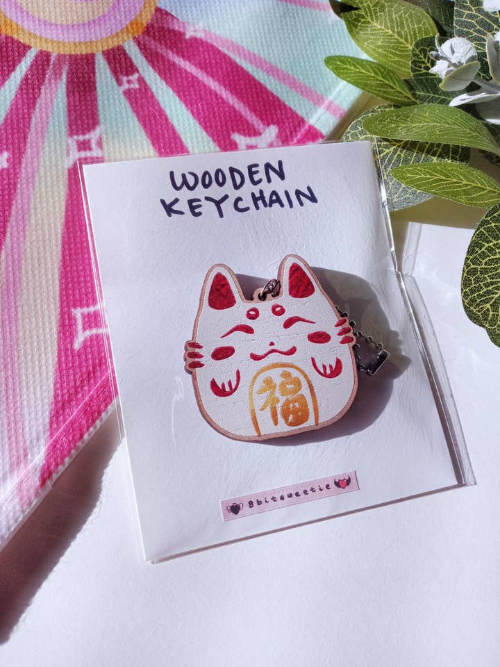 Wooden Maneki Neko Lucky Cat Keychain for wholesale by 8bitsweetie