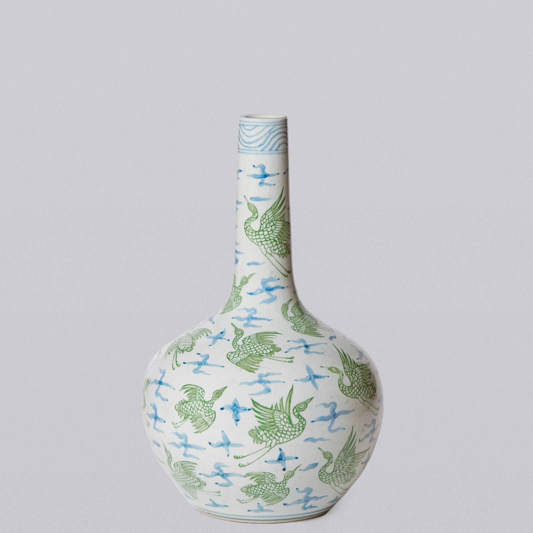 Cobalt Guild - Vendita all'ingrosso Vasi - Vaso a globo in porcellana verde e blu con gru e nuvole0