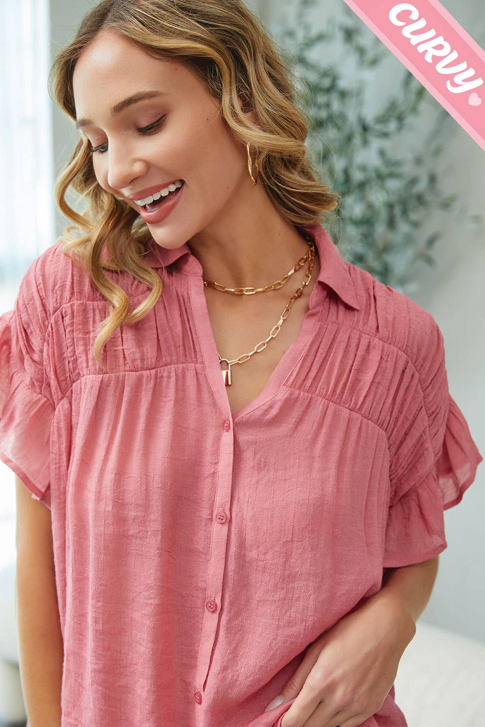 Sweet Lovely by Jen - Wholesale Button Down Shirt - Women's - PLUS SIZE CASUAL SHORT RUFFLE FLOWY SHIRT52