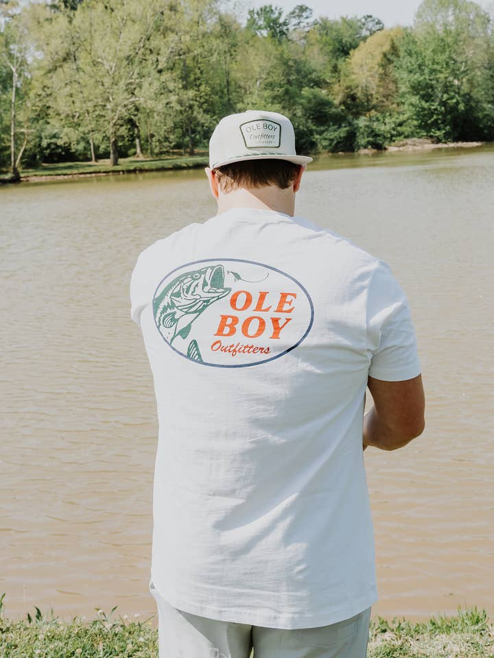 White OLE BOY Lured in Bass T-Shirt for wholesale on Faire