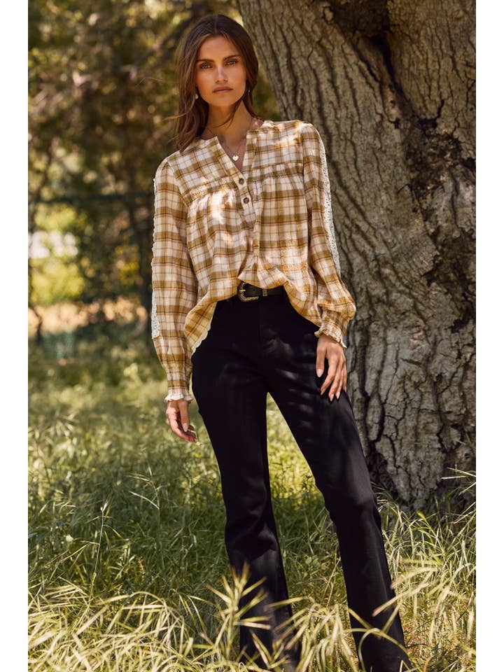 Oddi - Wholesale Blouse - Women's - Lace& Plaid Combo Long Sleeve Blouse2