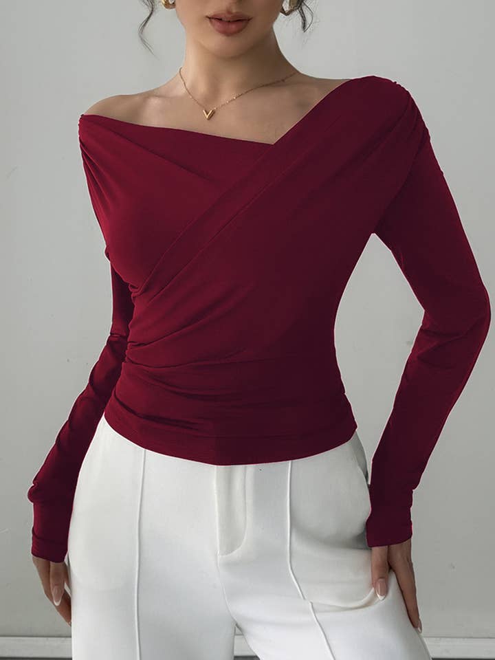 Solid Color Fashionable Sloping Shoulder Long Sleeved Top for wholesale by Wholesalesir