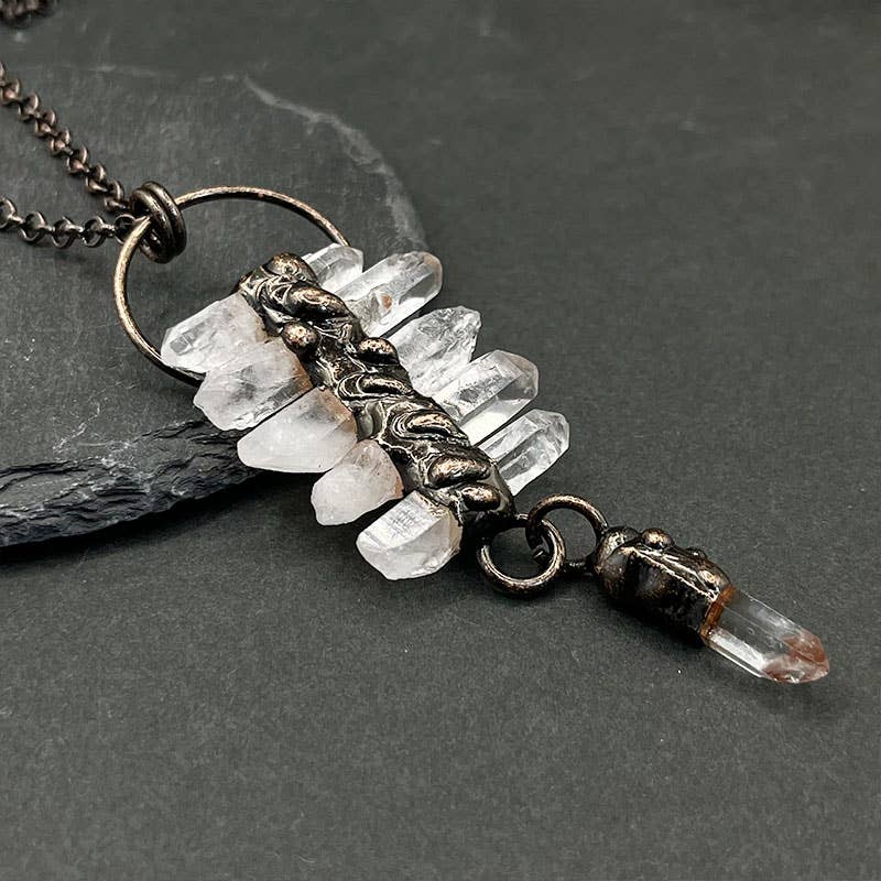 GemMeet – wholesale Pendant/charm necklace – Irregular Clear Quartz Six-Piece Tassel Gemstone Necklace1