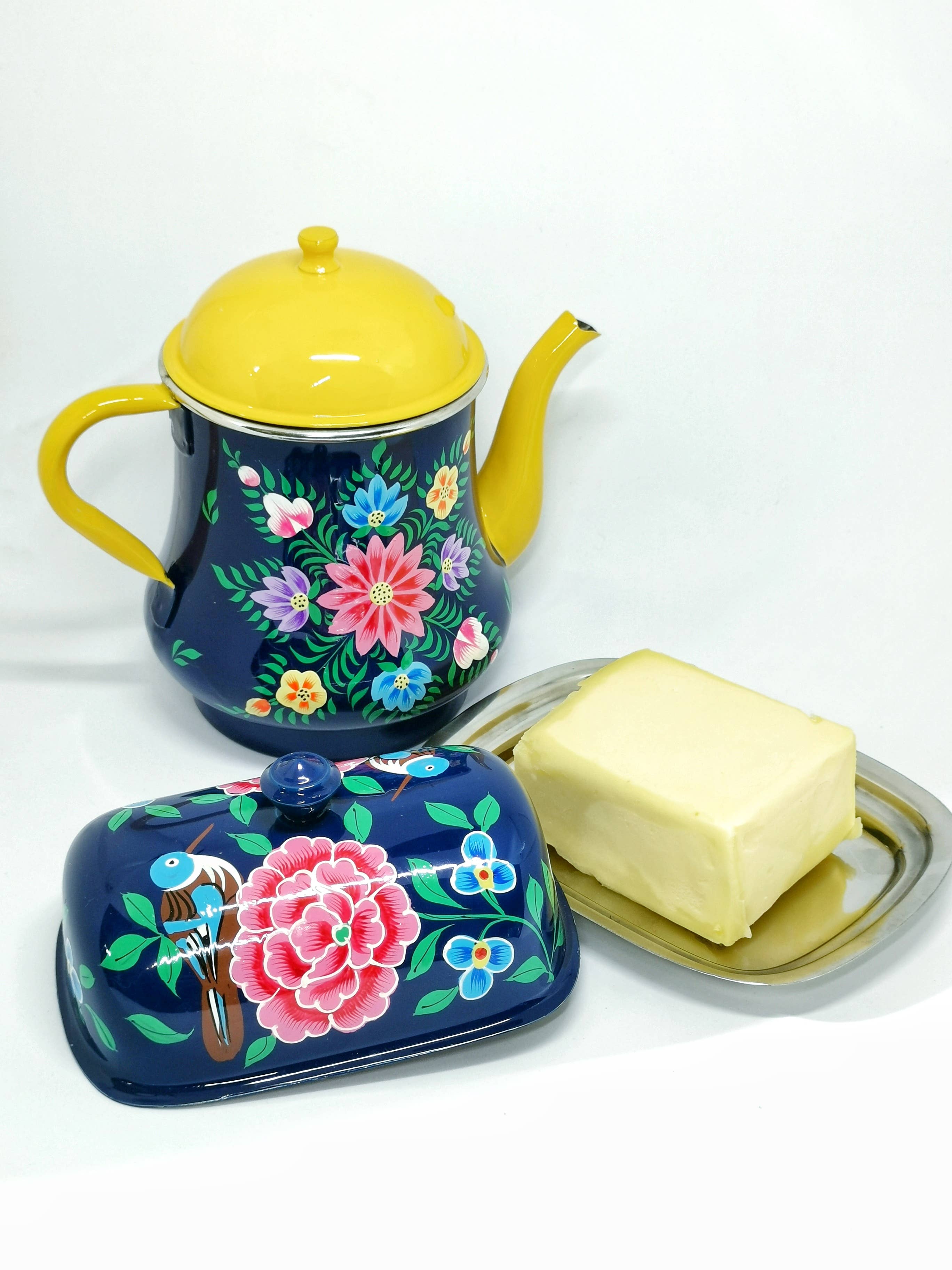 Nayda Diaries - Wholesale Tea Pot - Indian enamel teapot with navy blue flower pattern2