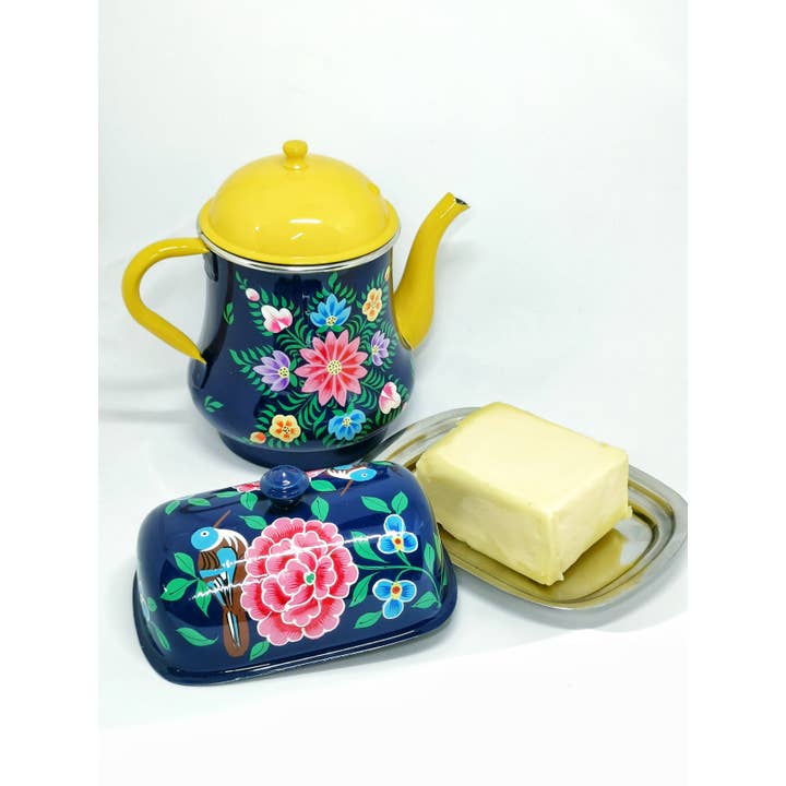 Nayda Diaries - Wholesale Tea Pot - Indian enamel teapot with navy blue flower pattern2