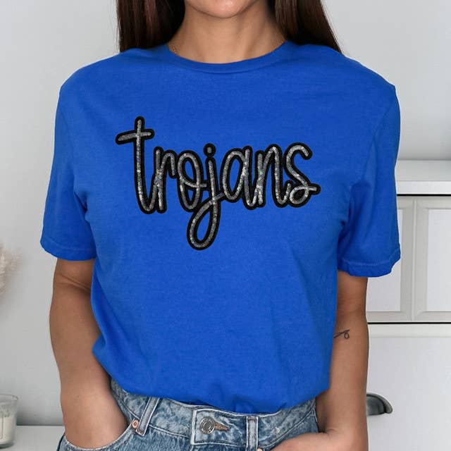 Trojans Sequin Patch Royal Everyday Tee for wholesale by Trendy Tee Co.
