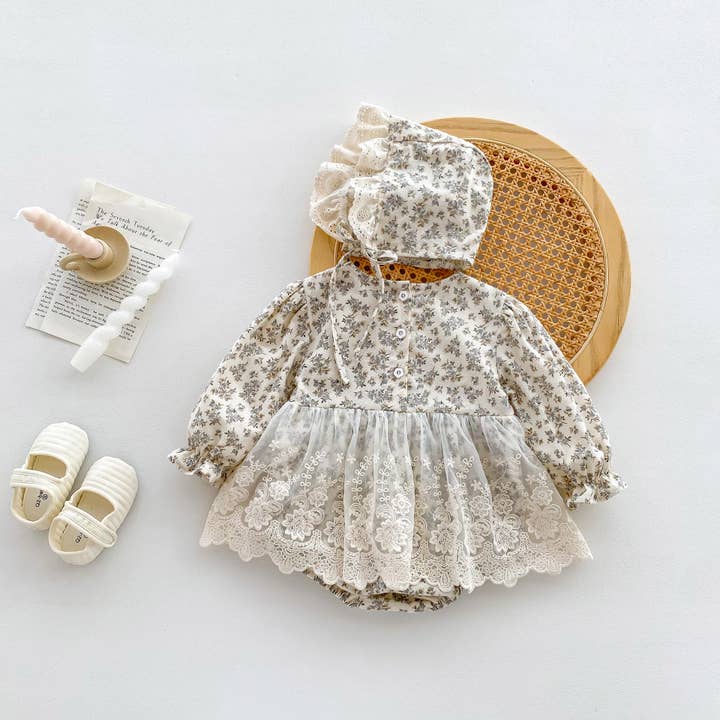 Beige New Arrival Baby Floral Princess Onesie Dress For Girls With Lace for wholesale on Faire