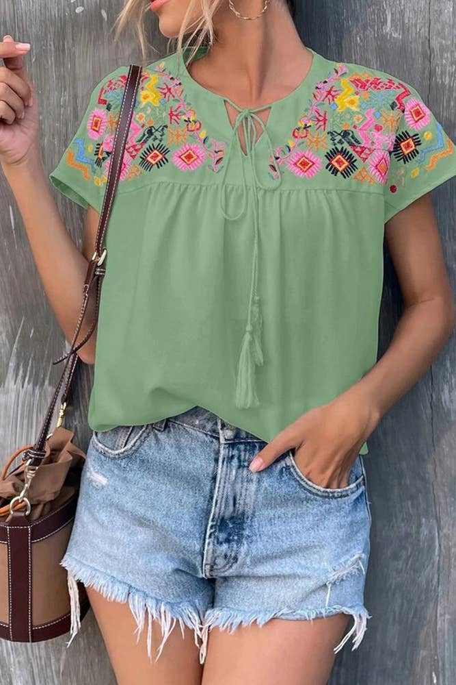 UNISHE - Venta al por mayor Blusa - Mujer - Top bordado con cuello dividido y empalme floral AXR0174
