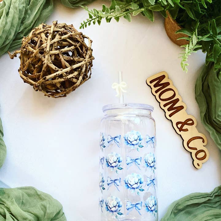 Mom & Co. - Wholesale Drinking Glass/Cup - Blue Bows and Hydrangeas Plastic Acrylic Cup0