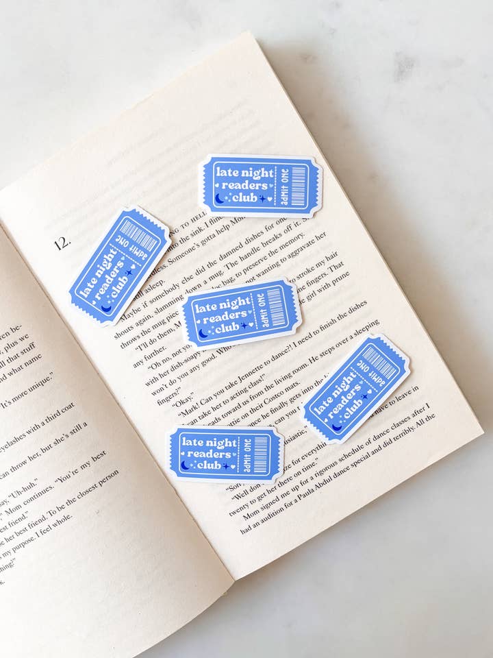 Late Night Readers Club Ticket Sticker for wholesale by Fleurs on Sunday