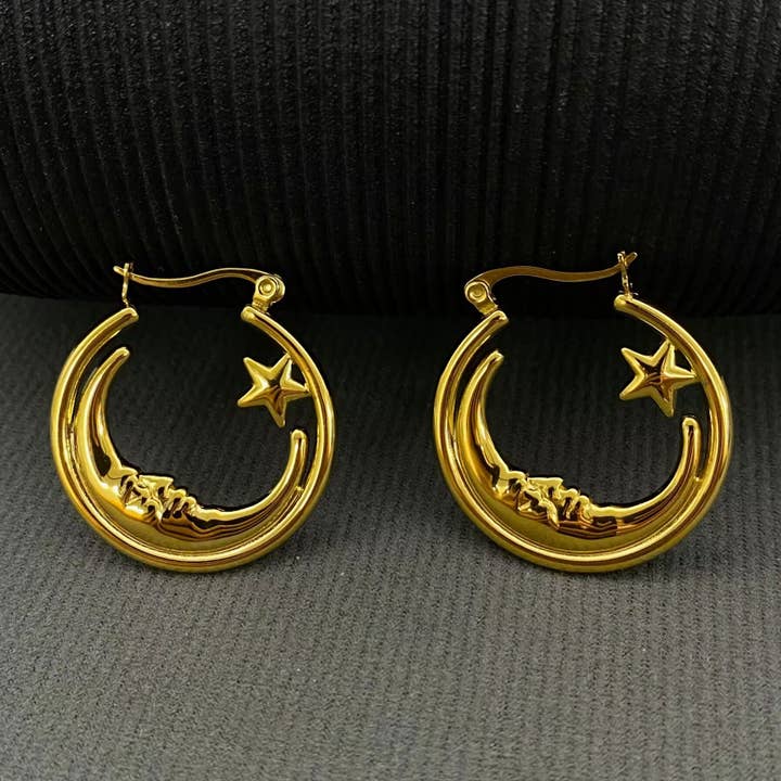 Mio Queena - Wholesale Hoop Earrings - Moon Star 18K Gold Plated S.Steel Hoop Earrings - FGS/MS