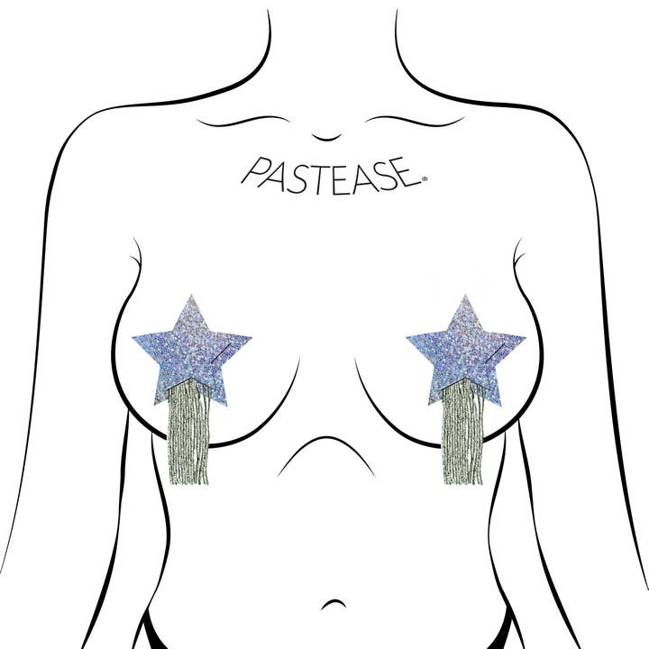 Pastease® - Wholesale Nipple Pasties - Women's - Star Tassel Pasties: Silver Glitter Star with Fringe Pasties