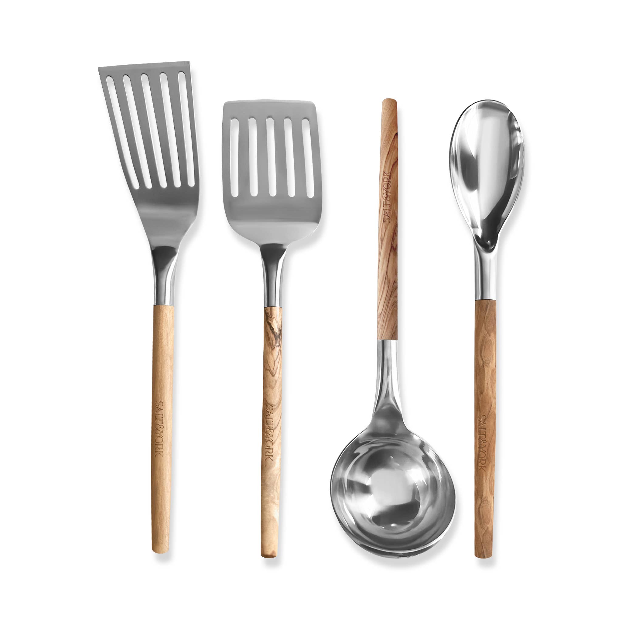 Salt & York - Wholesale Kitchen Utensil Set - 4 Piece Olive Wood or Walnut Wood Handle Utensil Set with St9