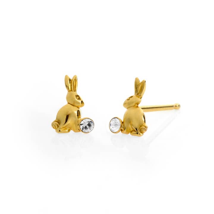 Kids button earrings white crystal rabbit in Silver for wholesale by Victoria Cruz