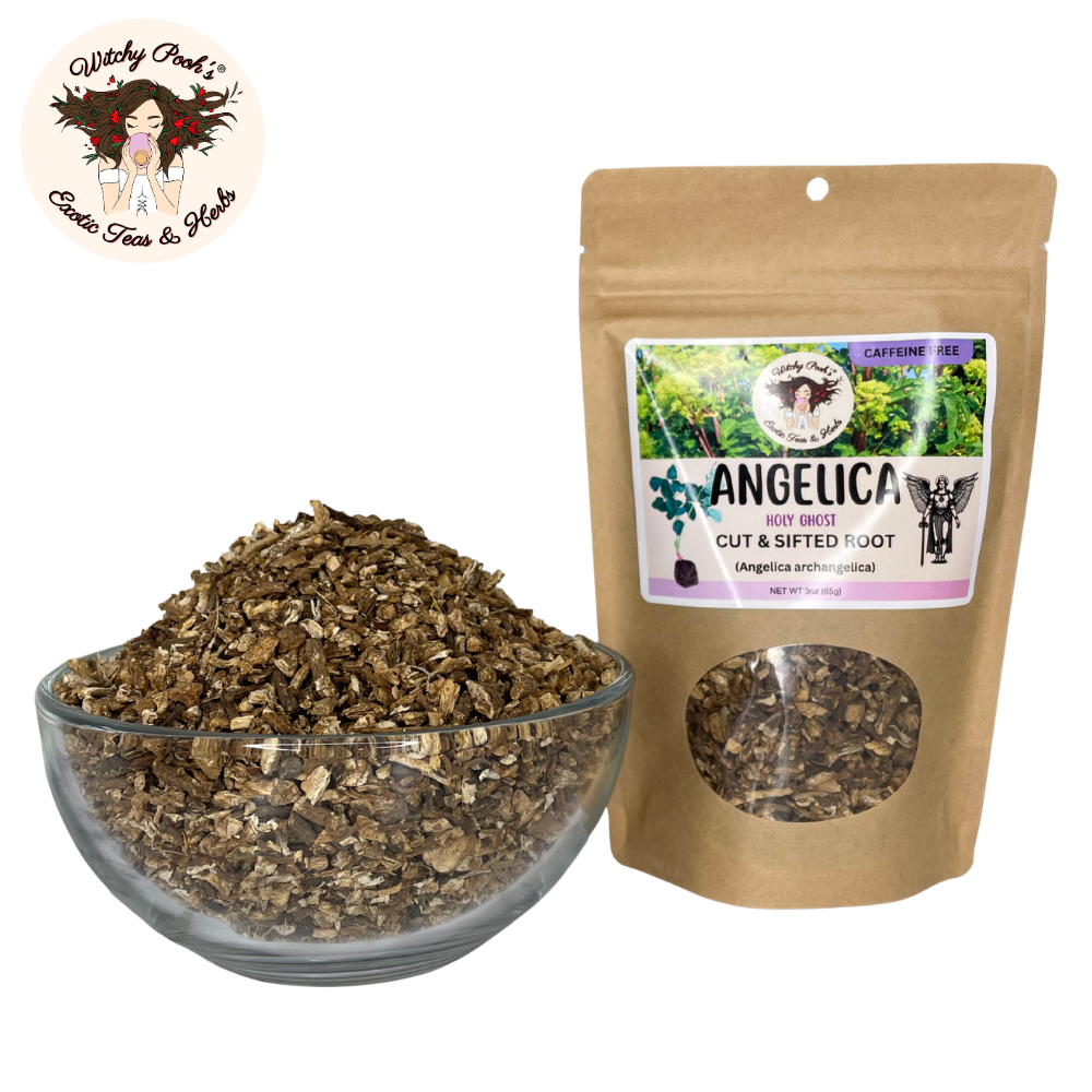 Witchy Pooh's Exotic Teas & Herbs – Chá solto por atacado – Chá de Angélica da Bruxa Pooh - Raiz Cortada e Peneirada, Espírito Santo6