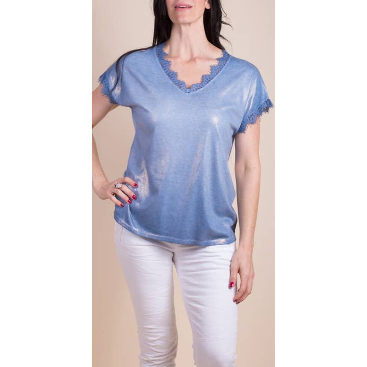 V-Neck Tee with Lace Detail for wholesale by Gigi Moda