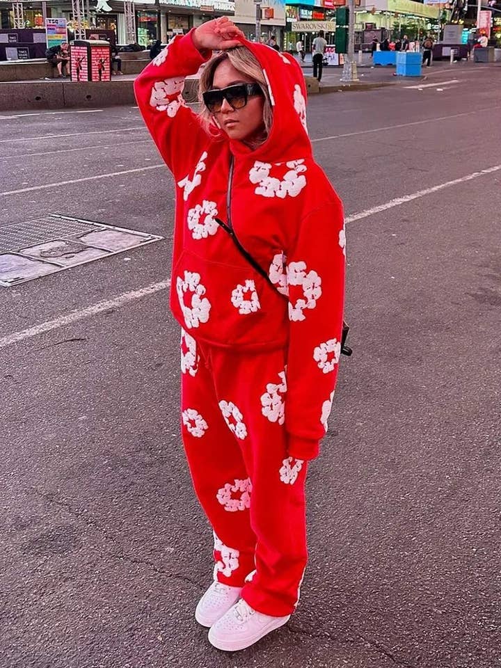 lockere Hosensets mit Blumendruck und Kapuze für den Großhandel von Queen Fashion