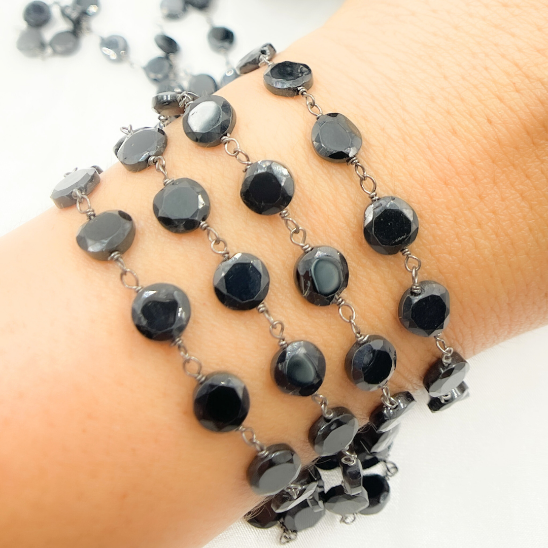 Tresor Jewelry Inc. - Wholesale Link & Chain Necklace - Black Spinel Small Coin Shape Oxidized Wire Chain. BSP491