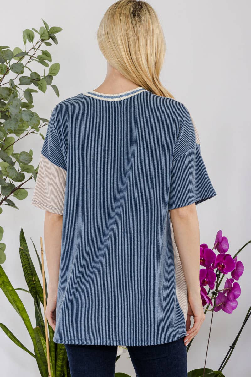 Celeste Clothing - Wholesale Tunic - Women's - URBAN RIB COLOR CONTRAST T-SHIRT WITH POCKET -CT43877A11