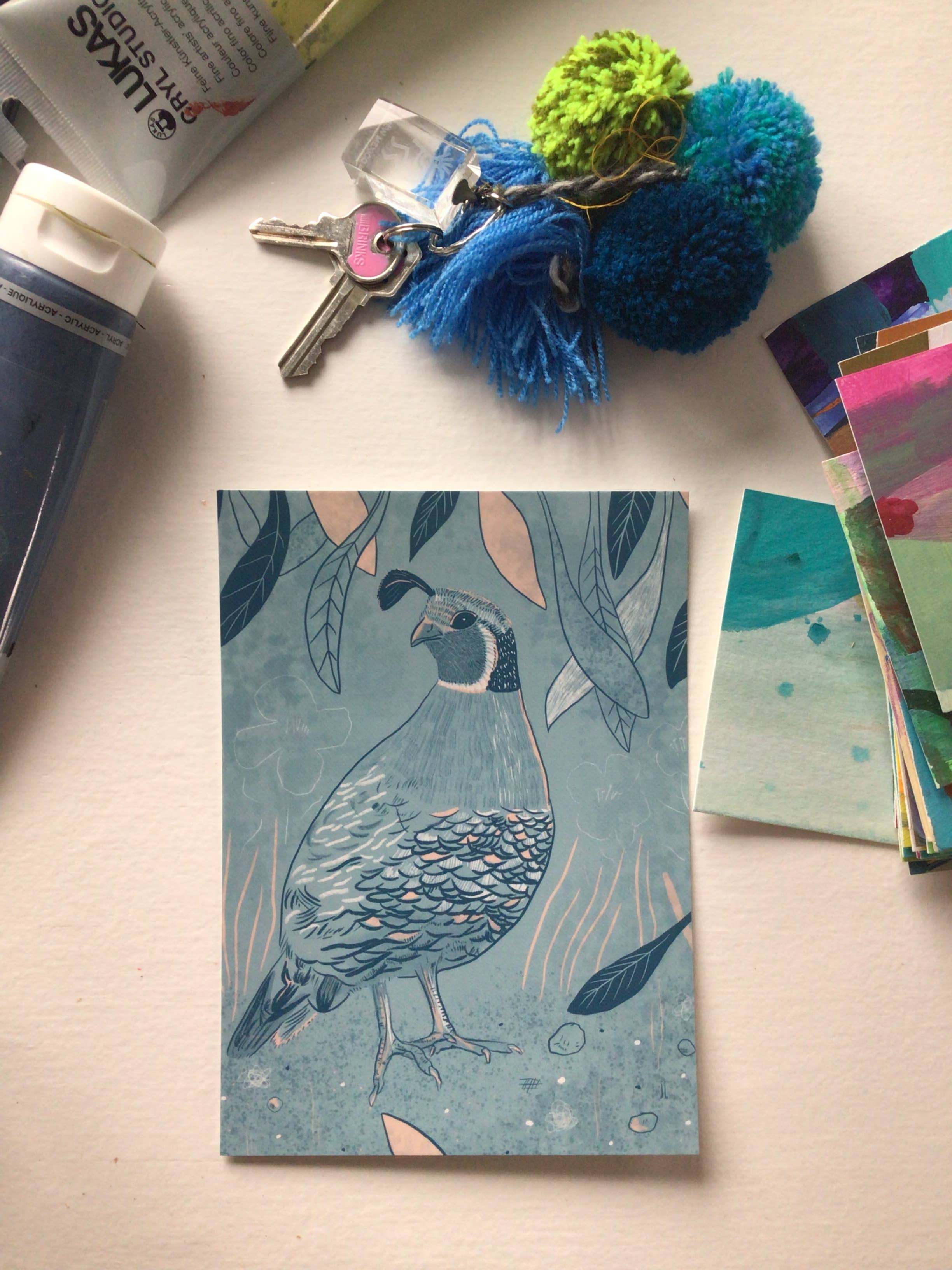 June Jewell Designs - Wholesale Art Print - 5”x7” Quail on Blue Art Print2