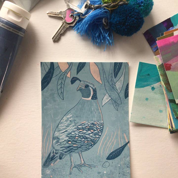 June Jewell Designs - Wholesale Art Print - 5”x7” Quail on Blue Art Print2