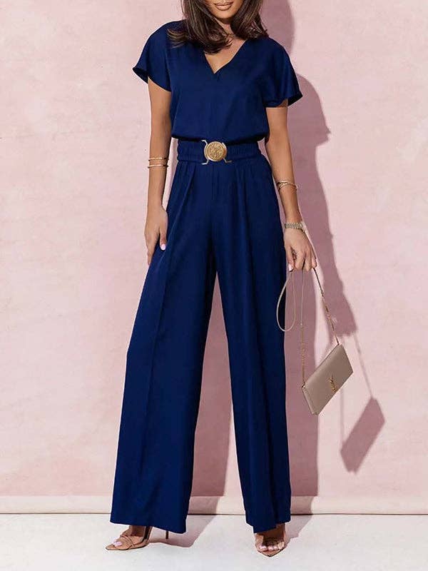 Sheer Trend - Wholesale Jumpsuit - Women's - High Waisted Loose Belted Pleated V-Neck Jumpsuits2