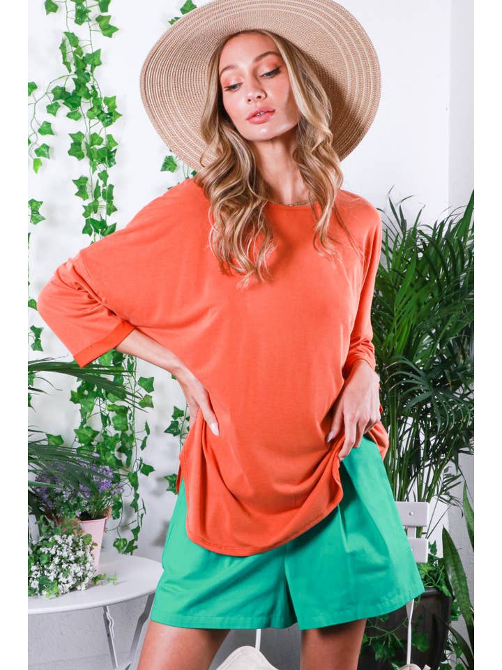 Vine & Love - Vente Haut en maille – femme - Haut en tricot cupro 3/4 à col rond et manches retroussées VT818106