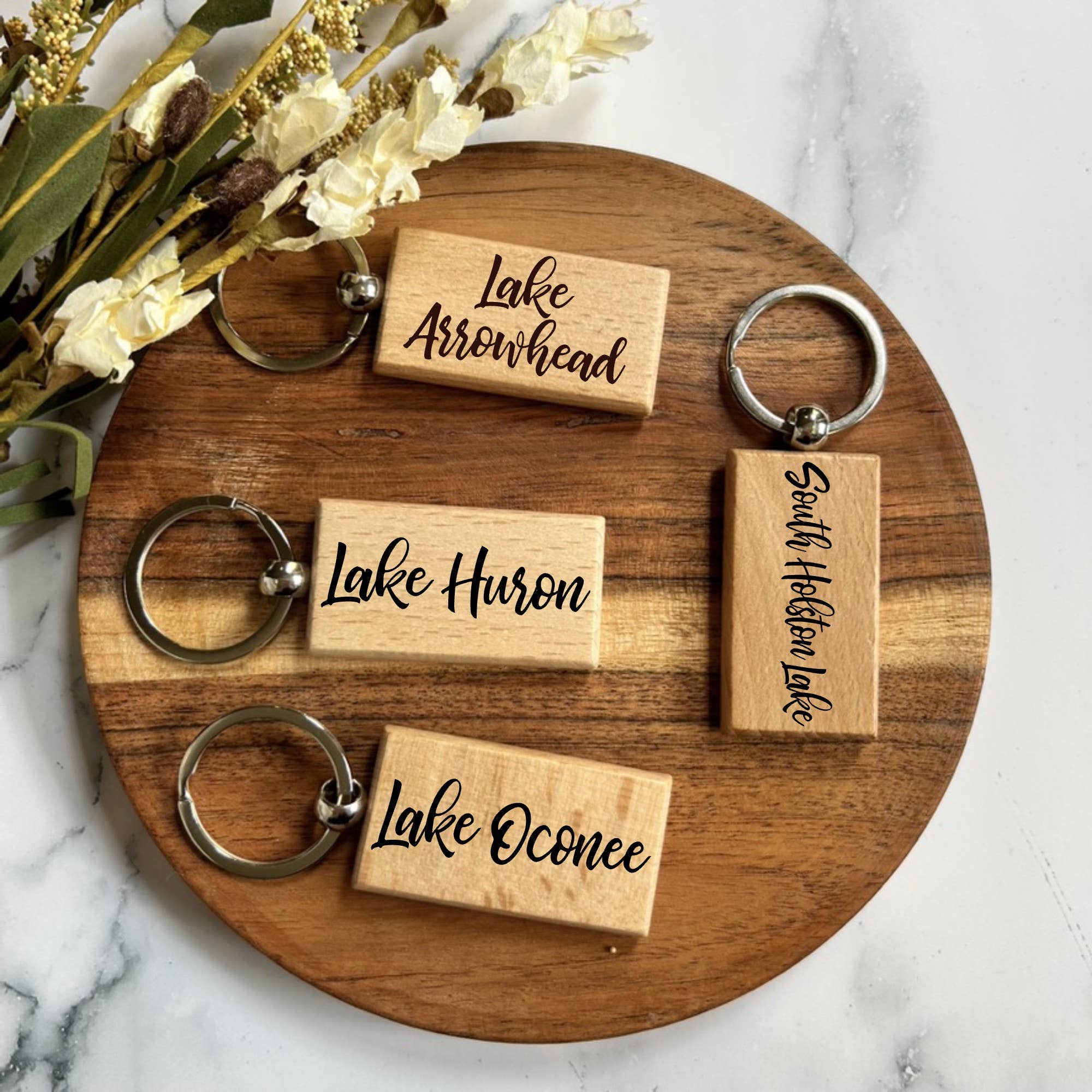 Wholesale Custom Lake Name Wood Keychain Engraved Beechwood Keyring