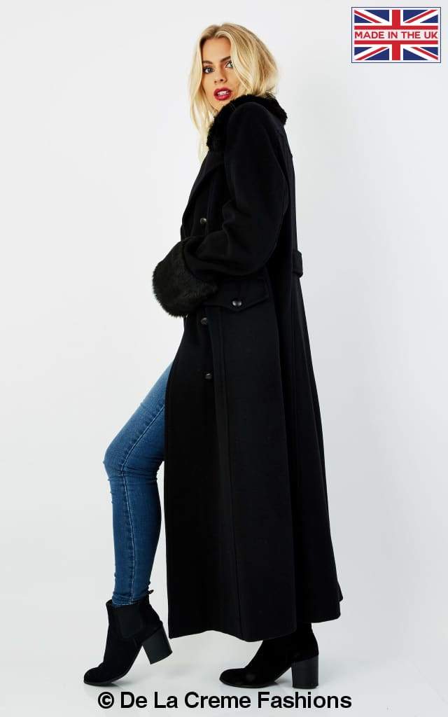 De La Creme Fashions - Venta al por mayor Abrigos de piel/piel sintética - Mujer - Abrigo maxi de mezcla de lana para mujer con cuello y puños de pelo sintético estilo militar1