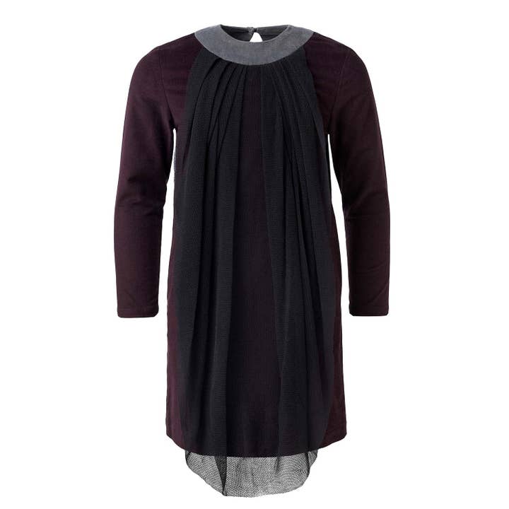 Abito viola con drappeggio per la vendita all'ingrosso da parte di Infantium Victoria