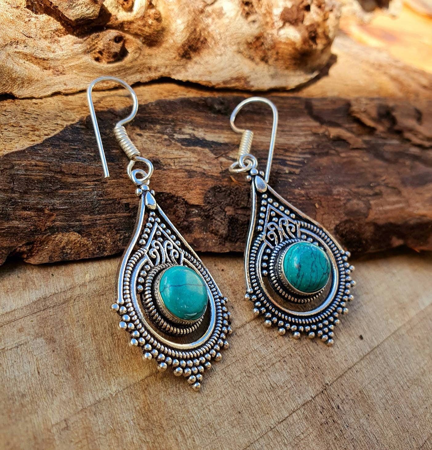Kaali Boutique – wholesale Dangle earrings – Turquoise Silver Drop Dangle earrings / Birth Stone / Ethnic / rustic, yoga, hippie, gypsy, pretty, psy, boho, bohemian, festival1