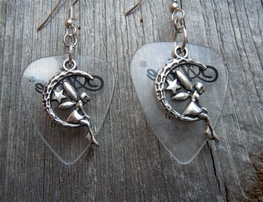 Simply Raevyn - Wholesale Dangle Earrings - Fairy on the Half Moon Charm Guitar Pick Earrings8