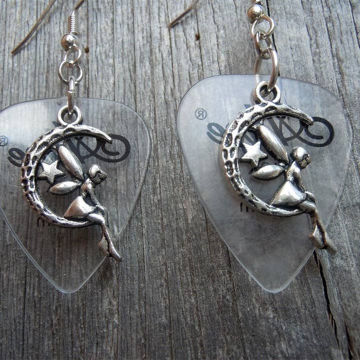 Simply Raevyn - Wholesale Dangle Earrings - Fairy on the Half Moon Charm Guitar Pick Earrings8