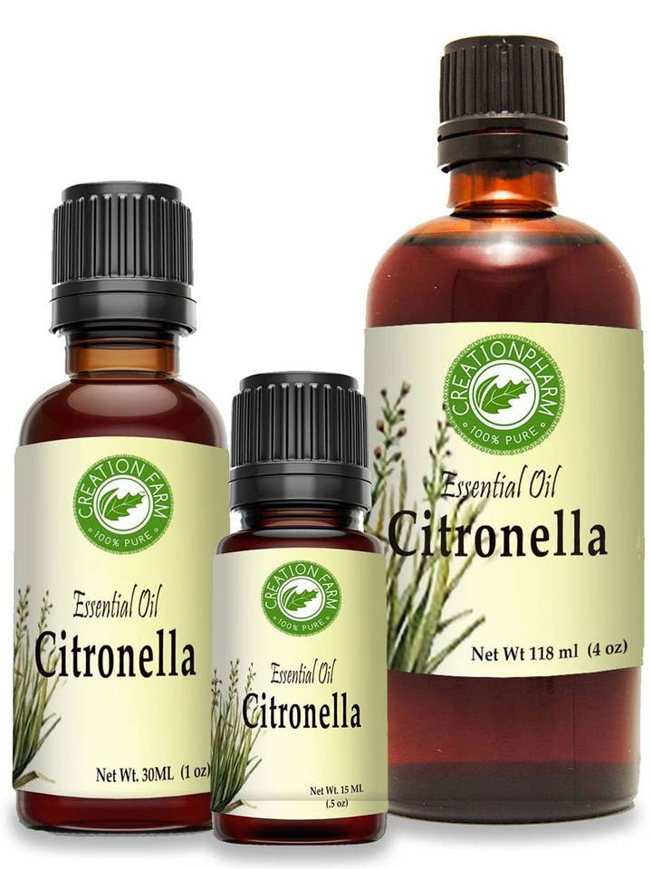 Citronella æterisk olie 100 procent ren Creation Pharm Andropogon Nardus til terrasselys, afskrækningsmidler og loppehalsbånd for engroshandel hos Creation Farm Inc