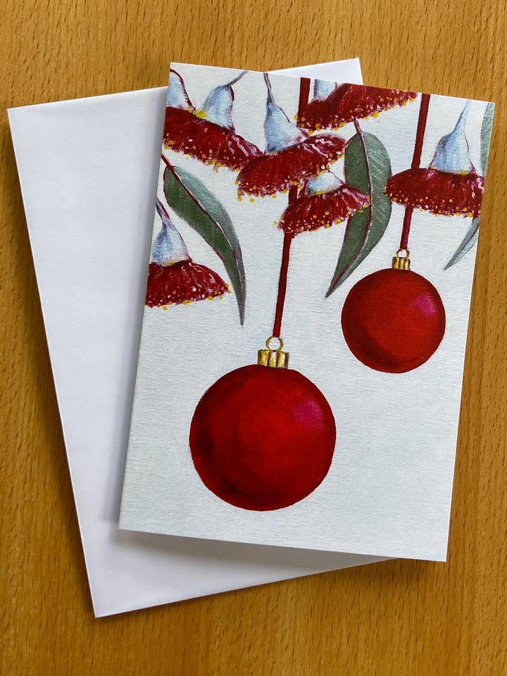 Red Baubles & Gum Blossoms Christmas Card for wholesale by Lucinda Cotter Art
