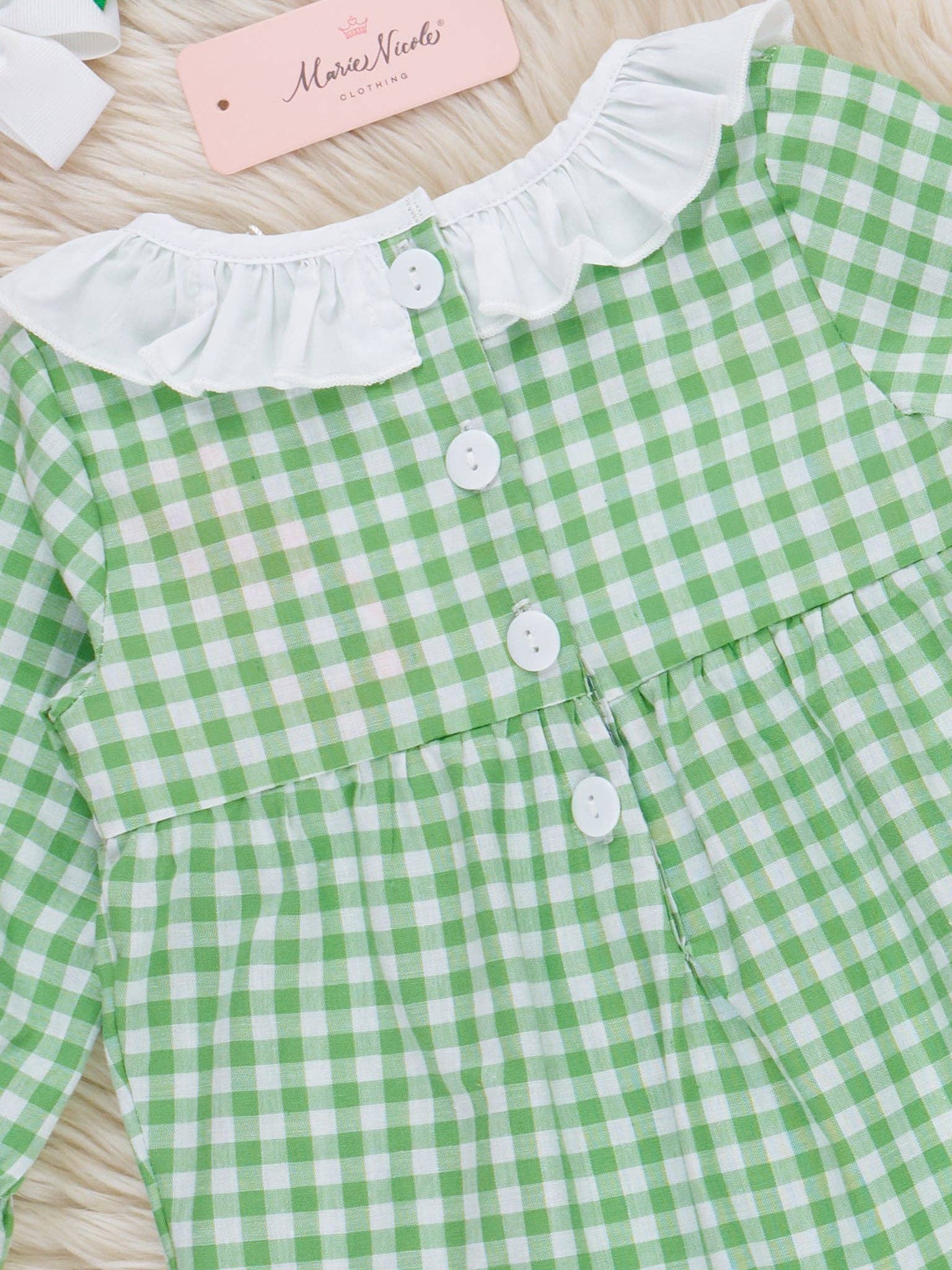 Marie Nicole Clothing - Wholesale Jumpsuit - Baby - Evergreen Gingham Smocked Ruffle Romper3