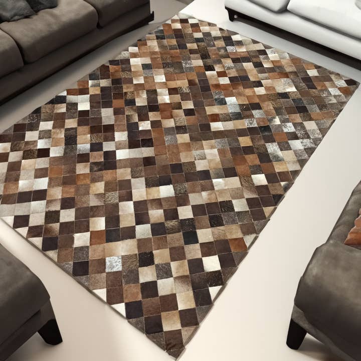 Geometric Patchwork Cowhide Leather Hair on Hide Rug for wholesale by Rosoc Rug
