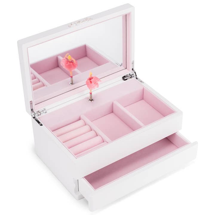 Ballerina White-Gold Hinges 10x6 Wood Musical Jewelry Box for wholesale by EAST AVENUE