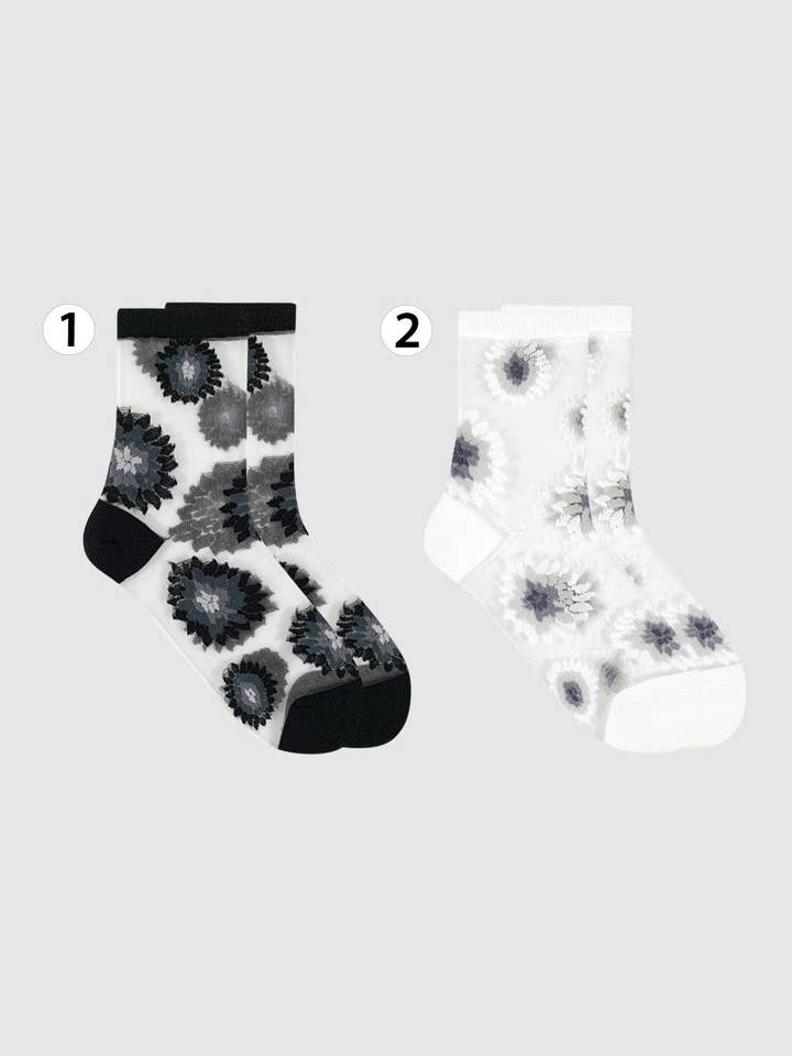 Women's Crew Sheer Black and White Sunflower See-Through Socks for wholesale by 7DAYSSOCKS