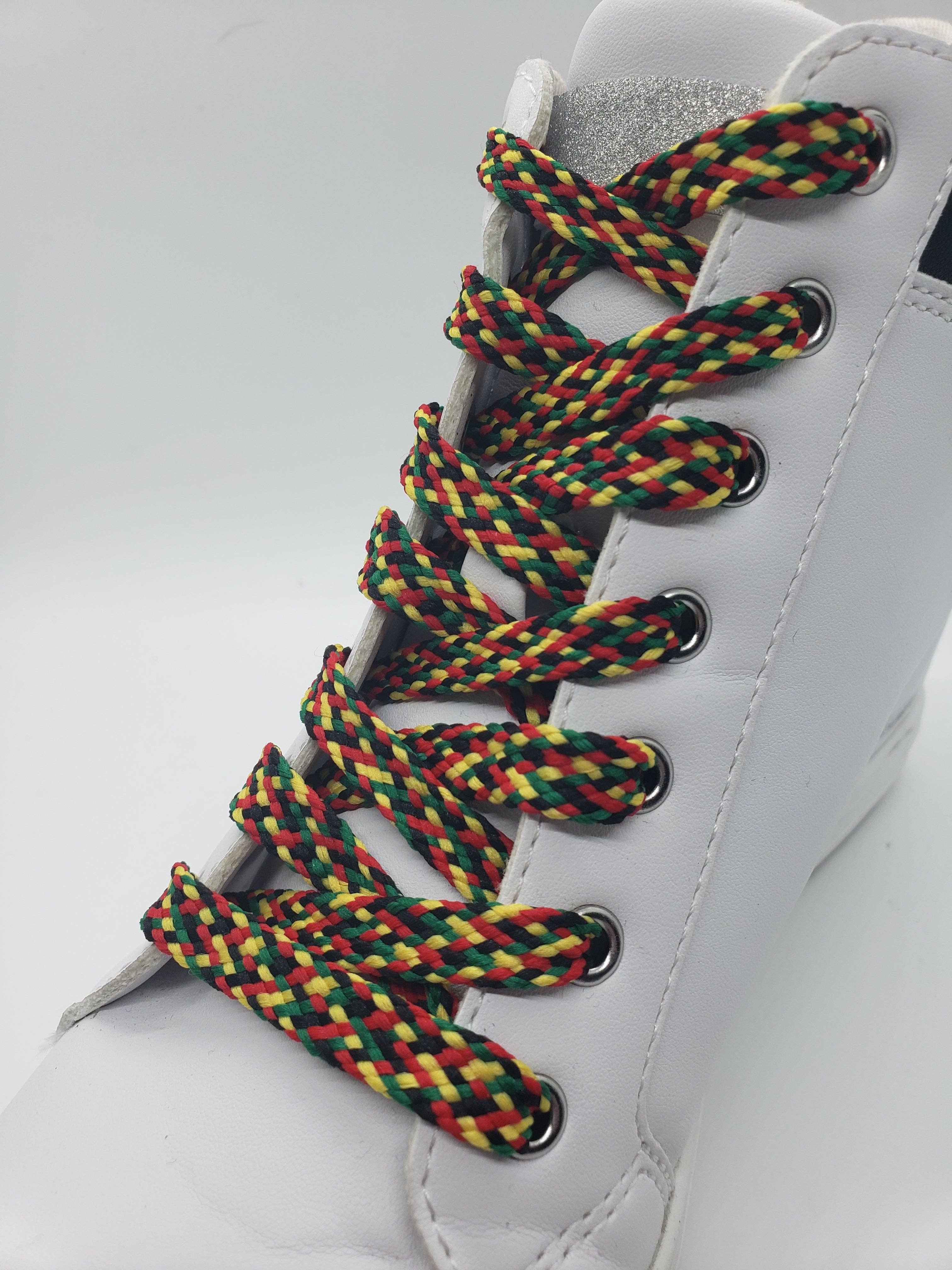 The Shoelace Factory – Engroshandel Snørebånd - Unisex – Flade Rasta Confetti Snørebånd - Gul, Rød Grøn og Sort0