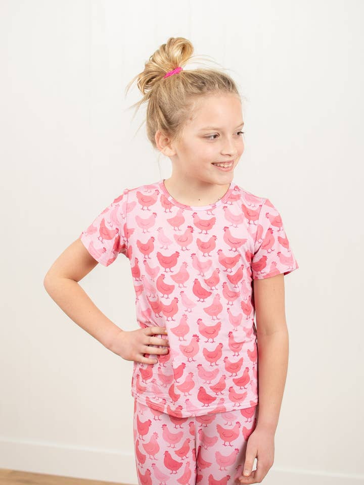 Pink Chicken Toddler/Youth Bamboo Pajama Set for wholesale by American Farm Company