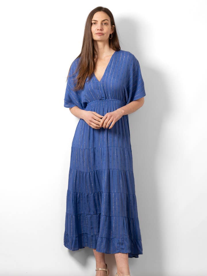 Sarta – Engroshandel Kjole - Dame – Sienna Maxi Kaftan Kjole - Kongeblå, Metallisk Stribe0