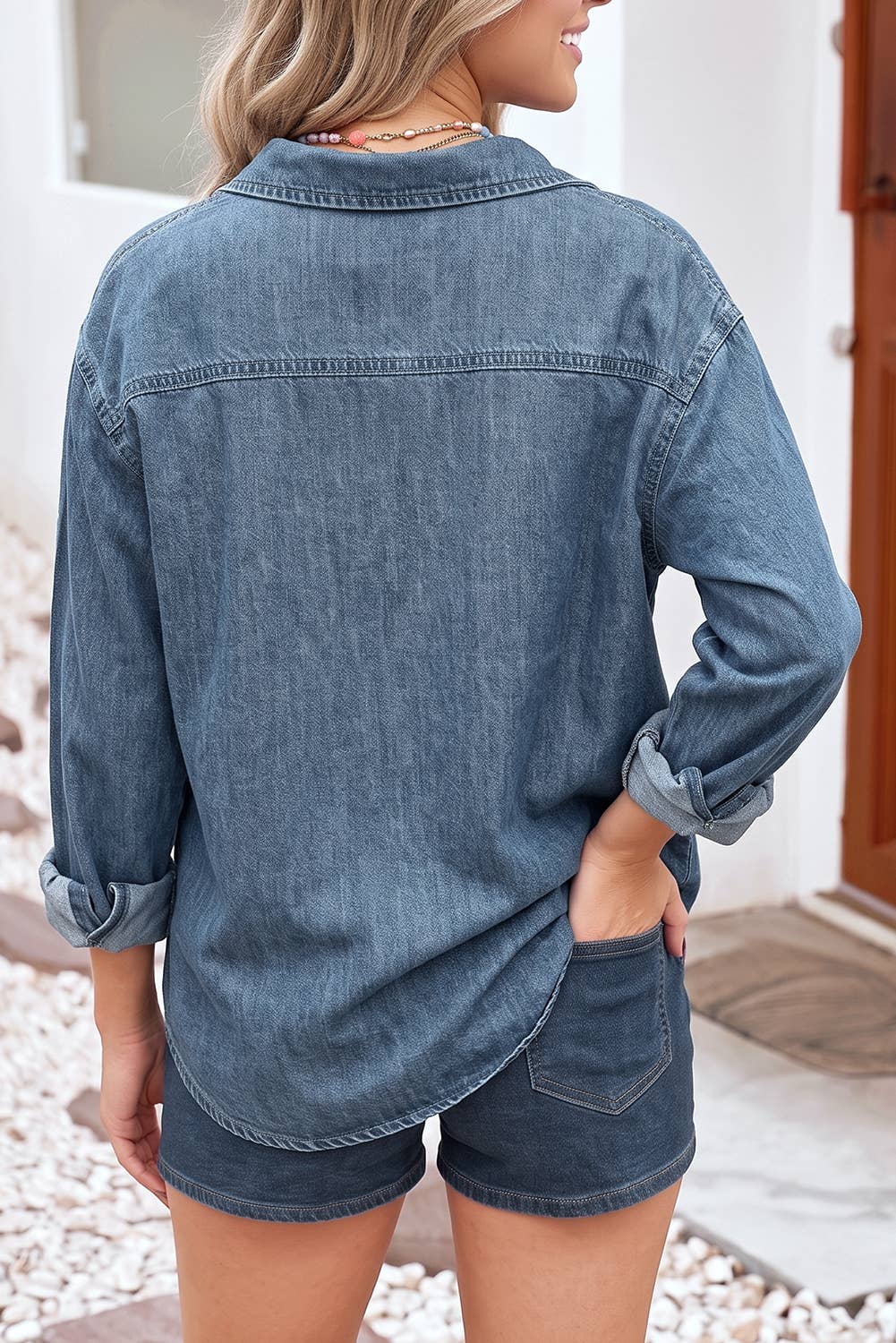 Sky Blue LDC Color Block Pocket Detail Casual Button Down Denim Shirt for wholesale on Faire1