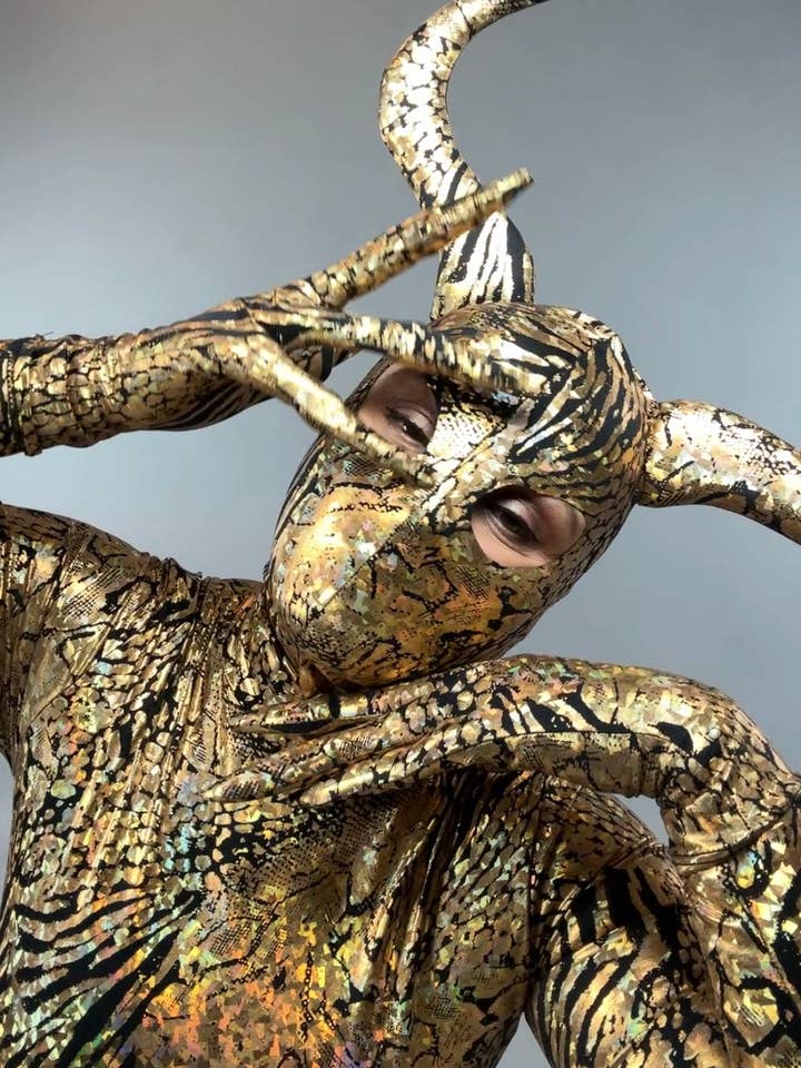 Gold & Black Gazelle Creature Costume, Full Sleeve Catsuit With Headdress, Gloves, Socks for wholesale by Kikimora Fashion